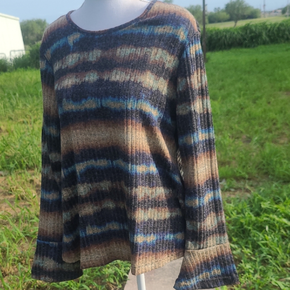 Hannah Striped Ribbed Crewneck Sweater in Blue and Brown - Picture 5 of 5